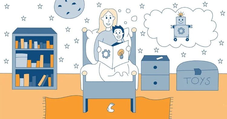 A woman and young boy reading a book in bed