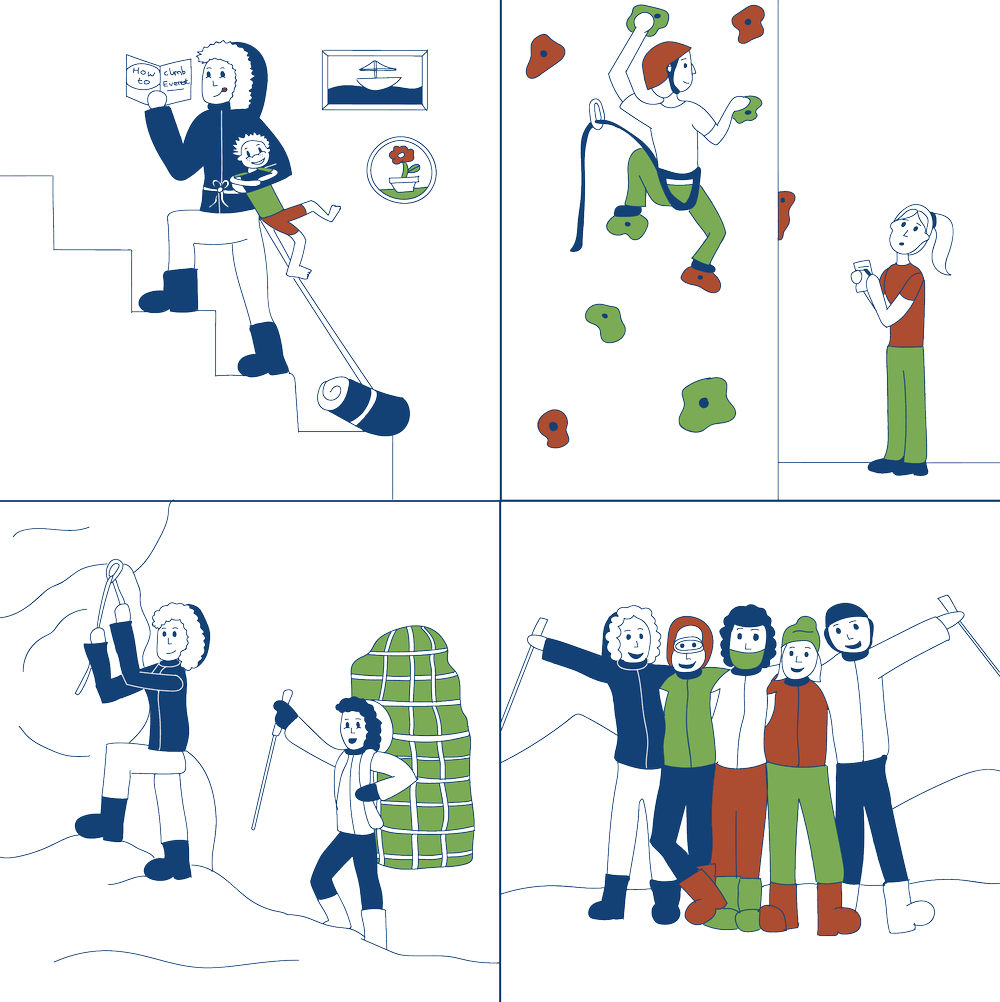 A four panel comic a mountain climbing preparation
