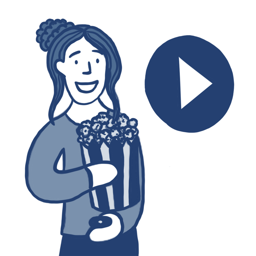 A woman smiling holding popcorn beside a play symbol button