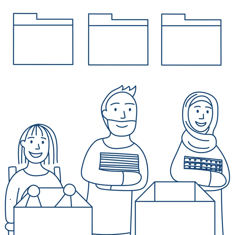 A digital file icons and three people putting things in boxes