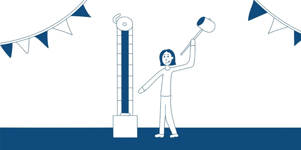 A woman holding a mallet testing her strength at a fair game