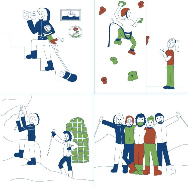 Four images of people preparing for mountain climbing