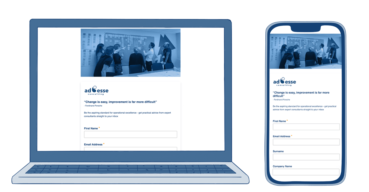 A laptop and smartphone with Ad Esse Consulting email sign up on the screens