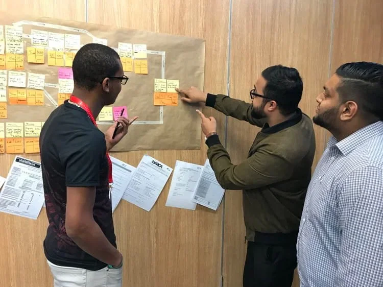 Three people looking at a wall with post it notes on top of brown paper