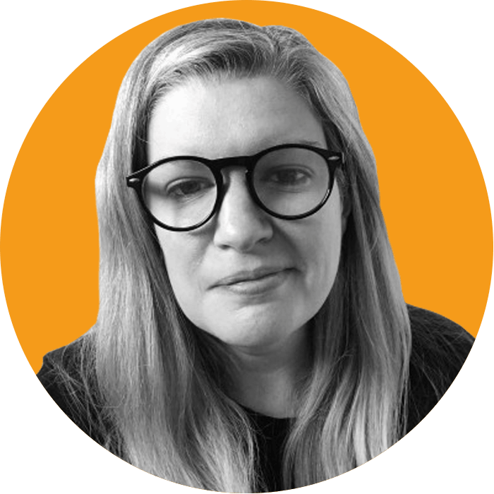 Greyscale photo of Rhiannon Gibbs, Director of Ad Esse Consulting, on an orange circle background