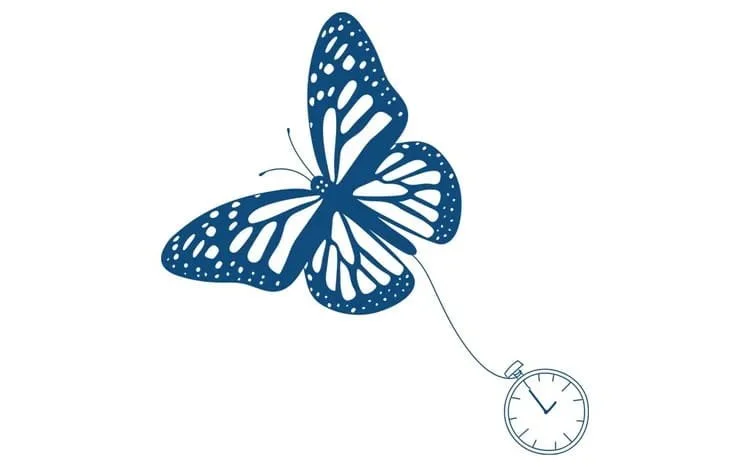 A flying butterfly carrying a clock