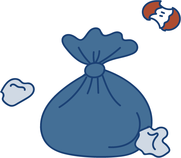 A bin liner, balls of paper and an apple core