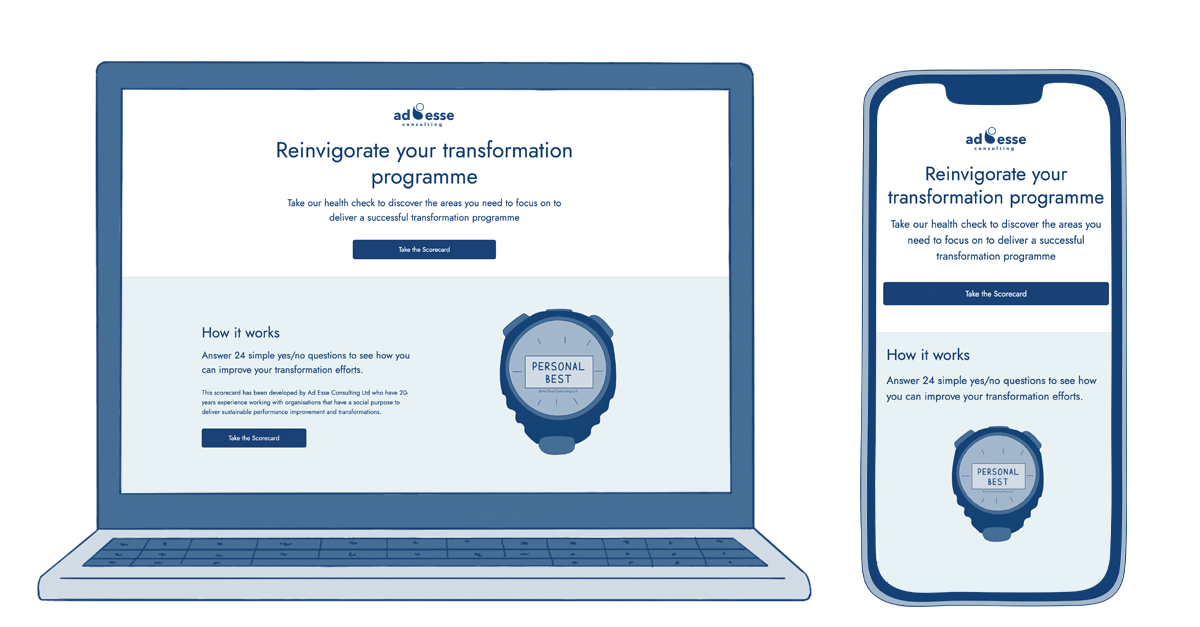 A laptop and smartphone with Transformation health check on the screen