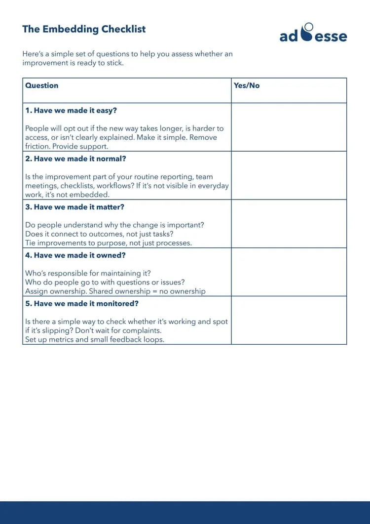 The embedding checklist by Ad Esse