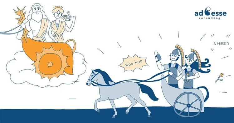 Two Roman people in a chariot race being applauded by two Gods in the a chariot in the sky