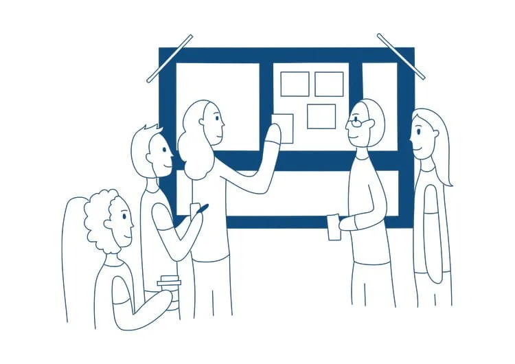 A group of people around an information centre