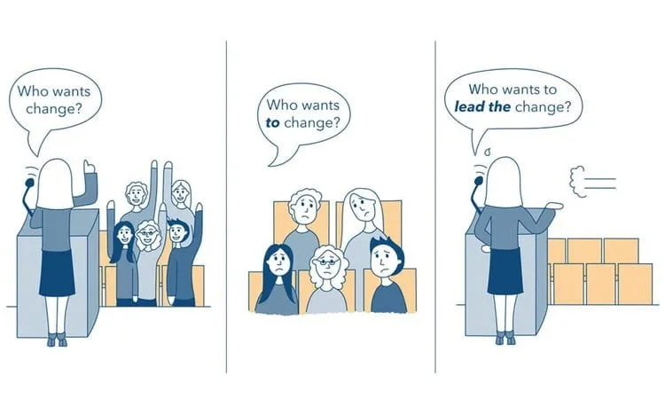 Three panel comic with a woman on stage talking to a crowd of people