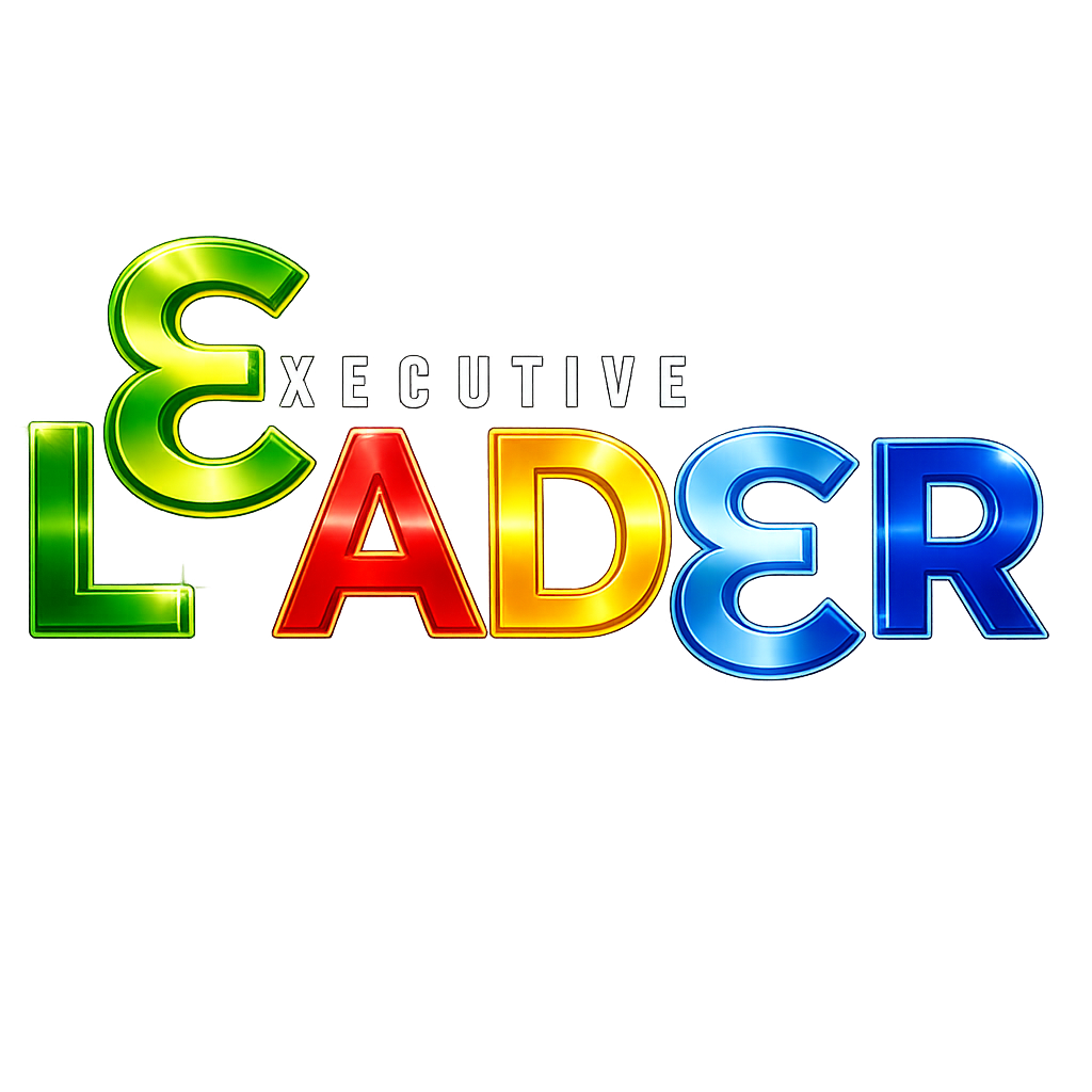 Executive Leader Consulting, Logo, with colorful illuminated letters on a dark background.