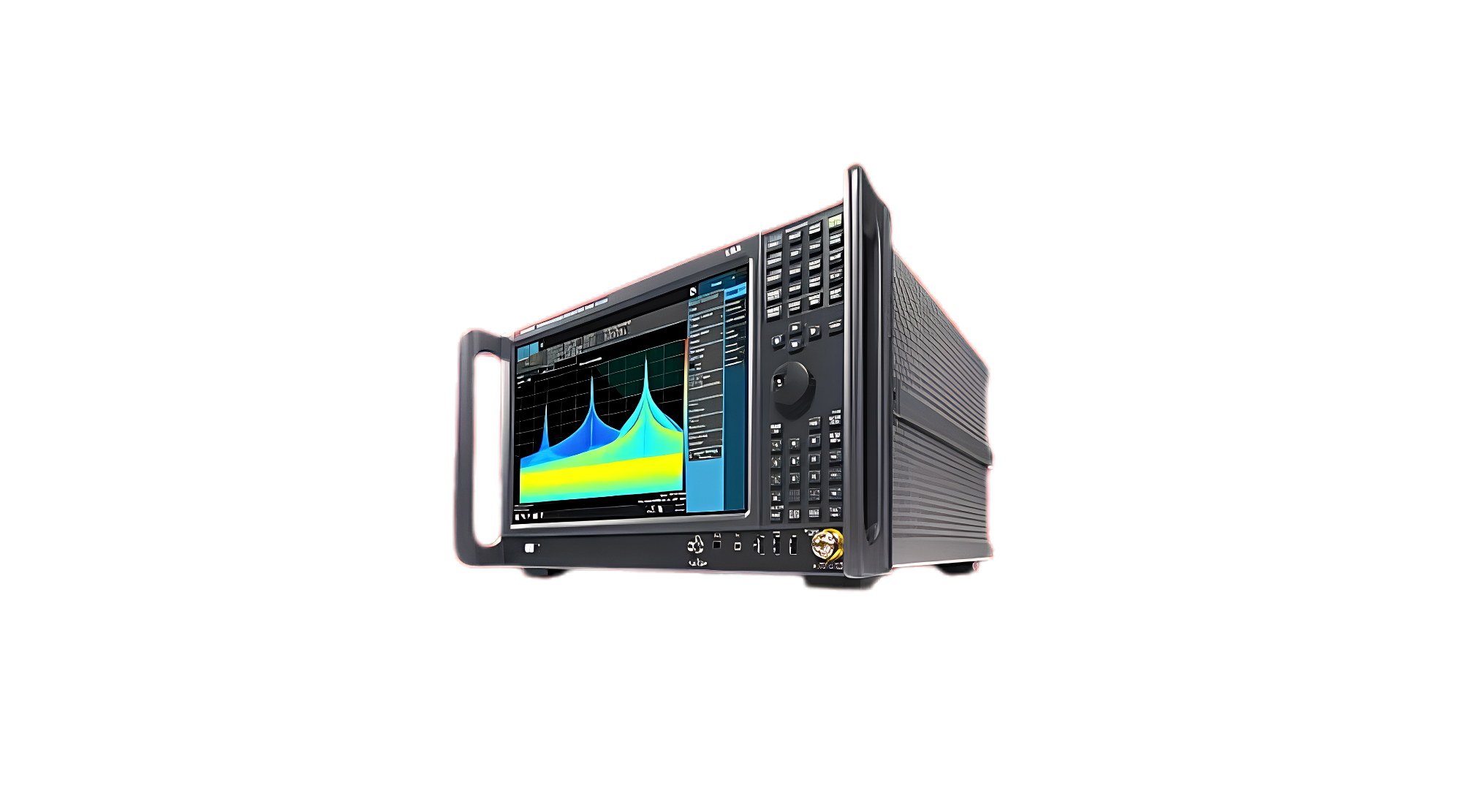 A professional spectrum analyzer device with a large screen displaying a colorful frequency spectrum graph, surrounded by various control buttons and a handle, set against a black background.