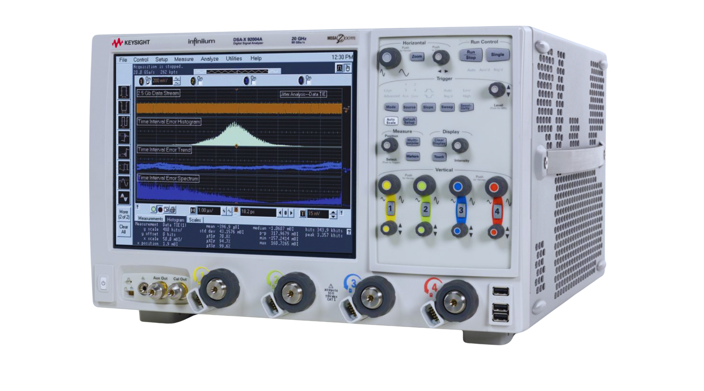 A digital spectrum analyzer with a screen displaying various graphs and measurements, and multiple control knobs and ports on its front panel.