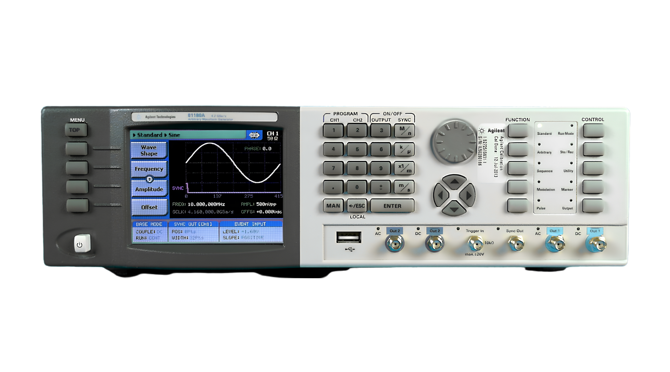 A scientific electronic testing device with a screen displaying a sine wave graph, various numerical readouts, and several control buttons and knobs.