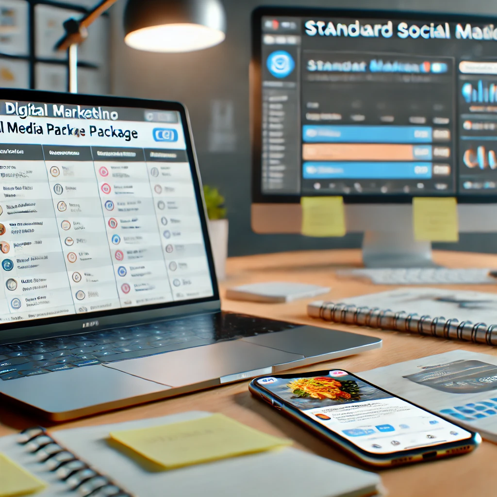 DALL·E 2024-09-30 03.39.56 - A digital marketing workspace for managing a standard social media package. The desk has a laptop and phone showing social media scheduling tools and .png