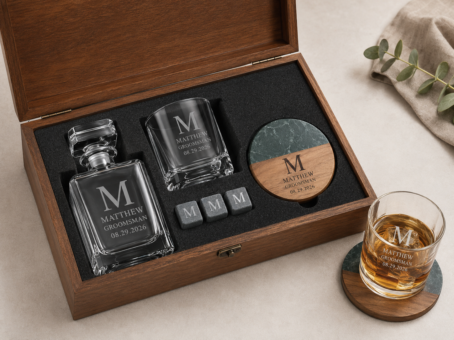 Personalized Groomsman Whiskey Decanter Gift Box Set