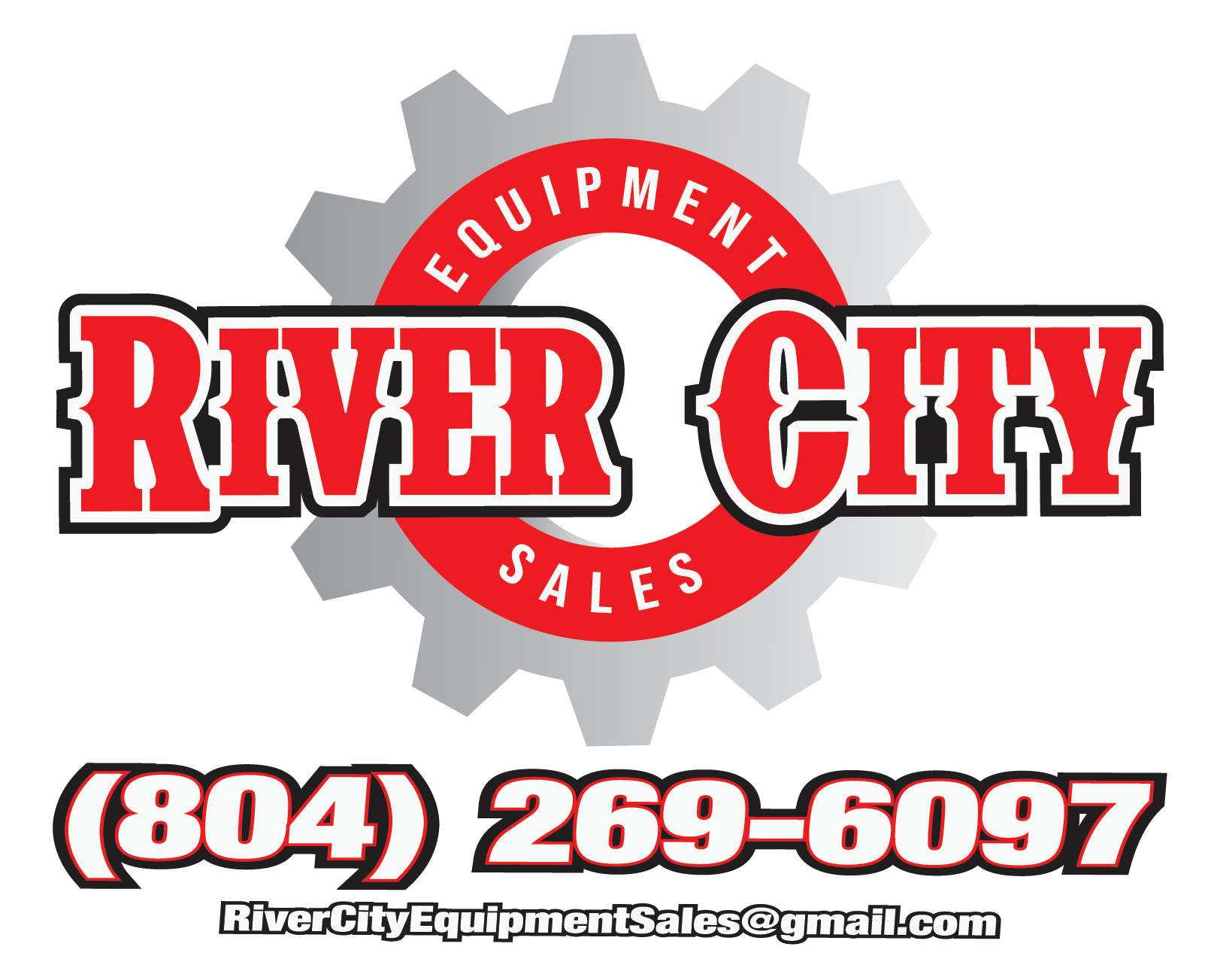 Logo of River City Equipment Sales featuring a gear with a red circle and white text, and the words 'RIVER CITY' in bold red letters outlined in black across the gear, with contact phone number and email below.