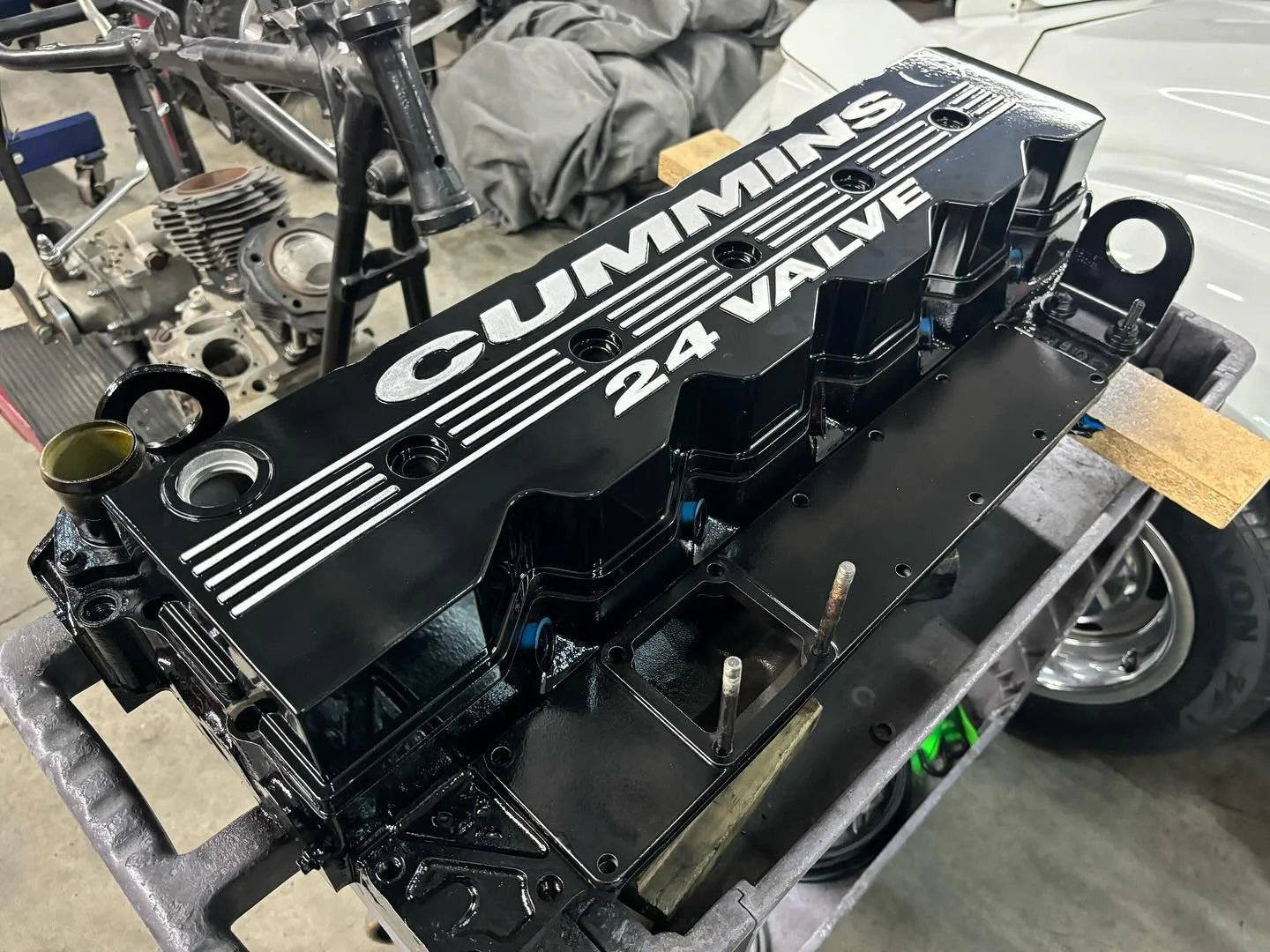 Head gasket and head bolt failure for this Cummins 24v, so head was removed, resurfaced and engine reassembled in just under a week, also did a few of our own little detail’s like powder coated the valve cover and intake piping just cause we j
