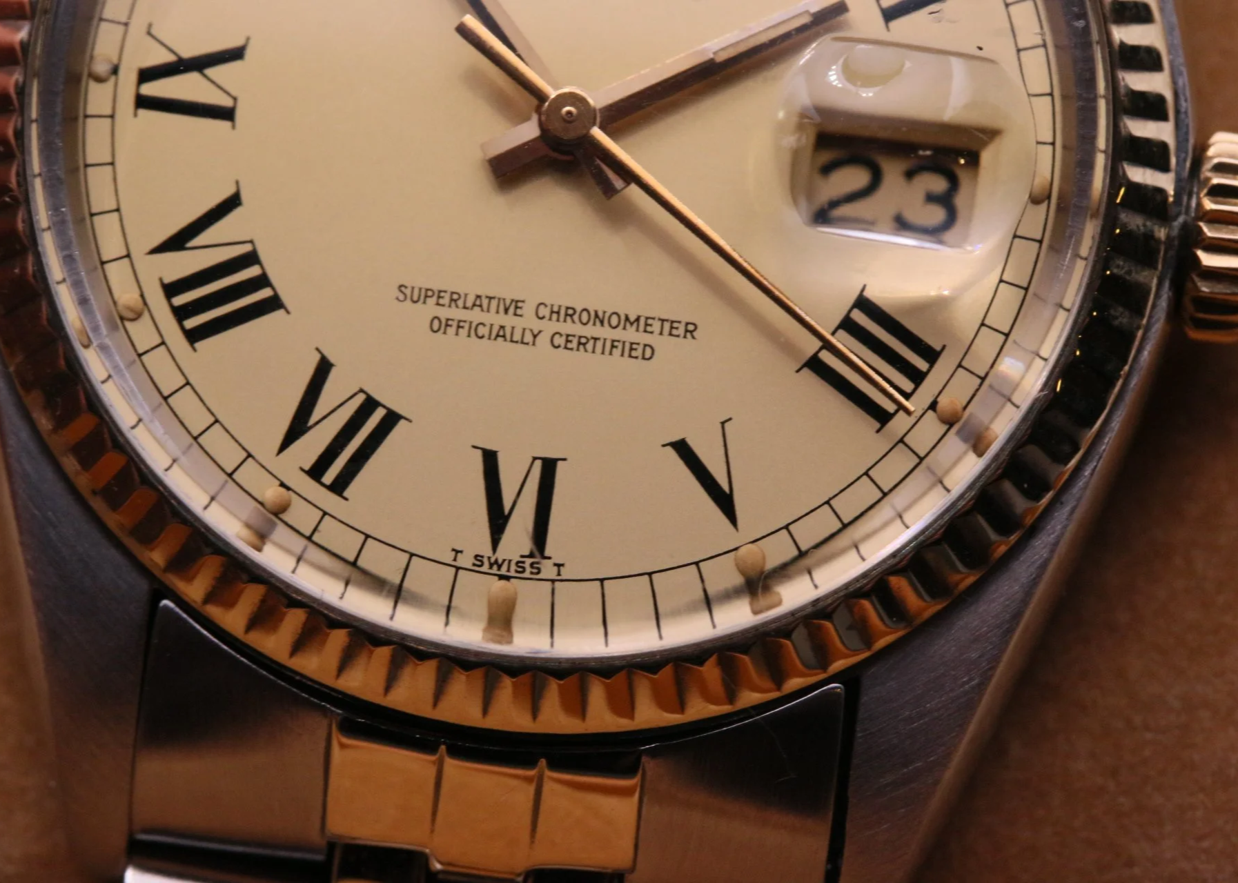 Close-up of a champagne buckley dial on a Rolex datejust from the 70s