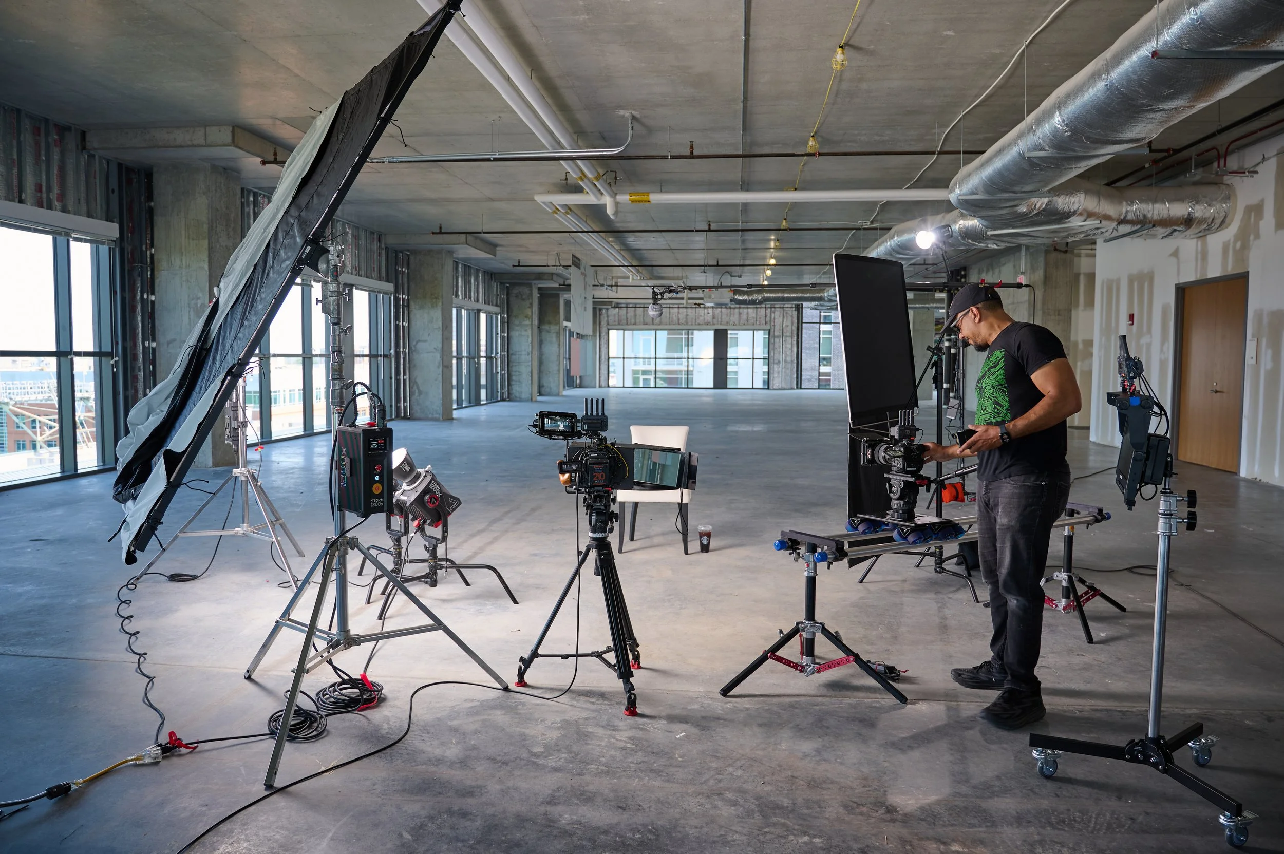 Video production lighting setup using Aputure constant lights and dana dolly