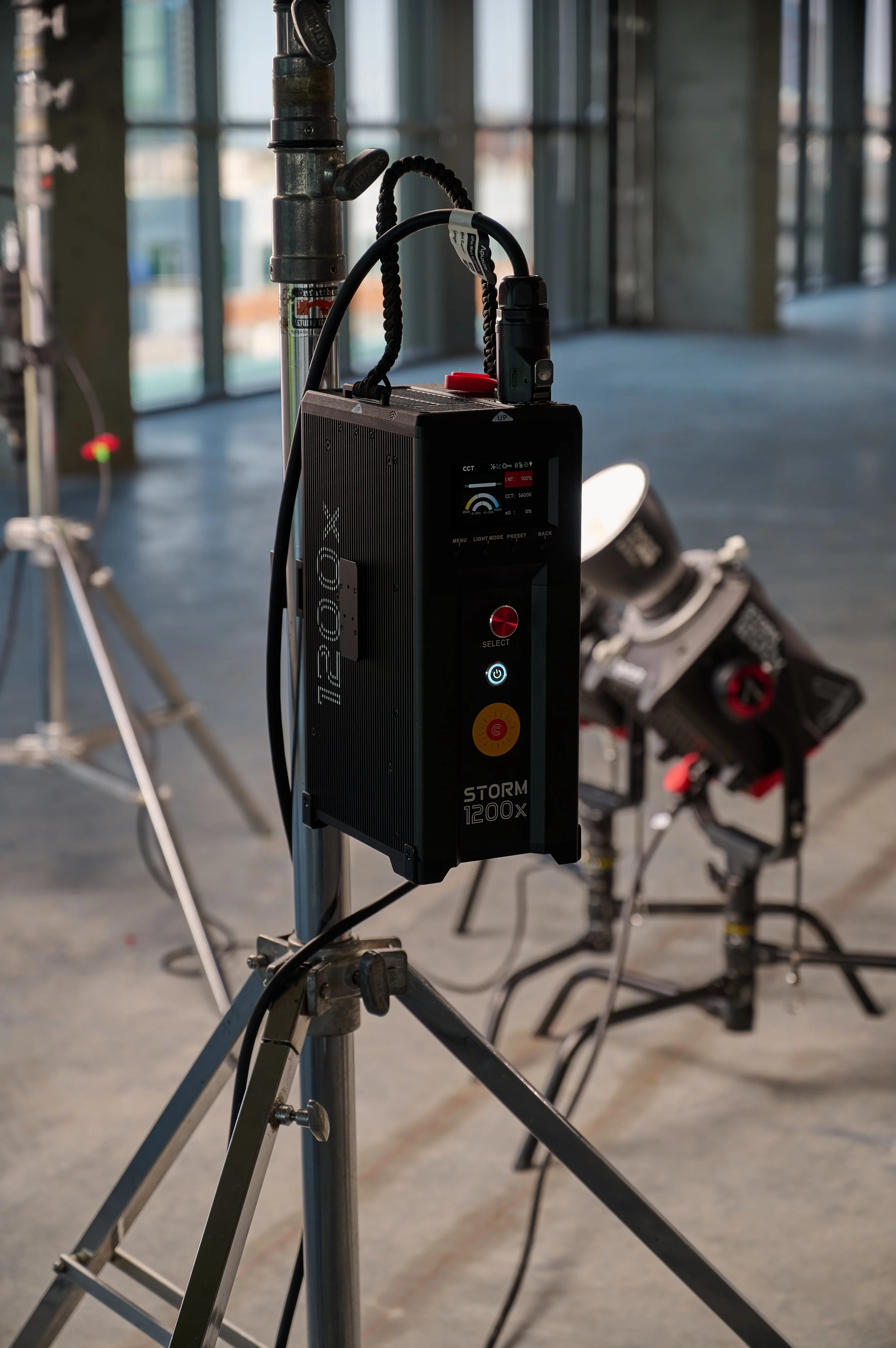 Aputure 1200x Storm constant LED light close up detail on set