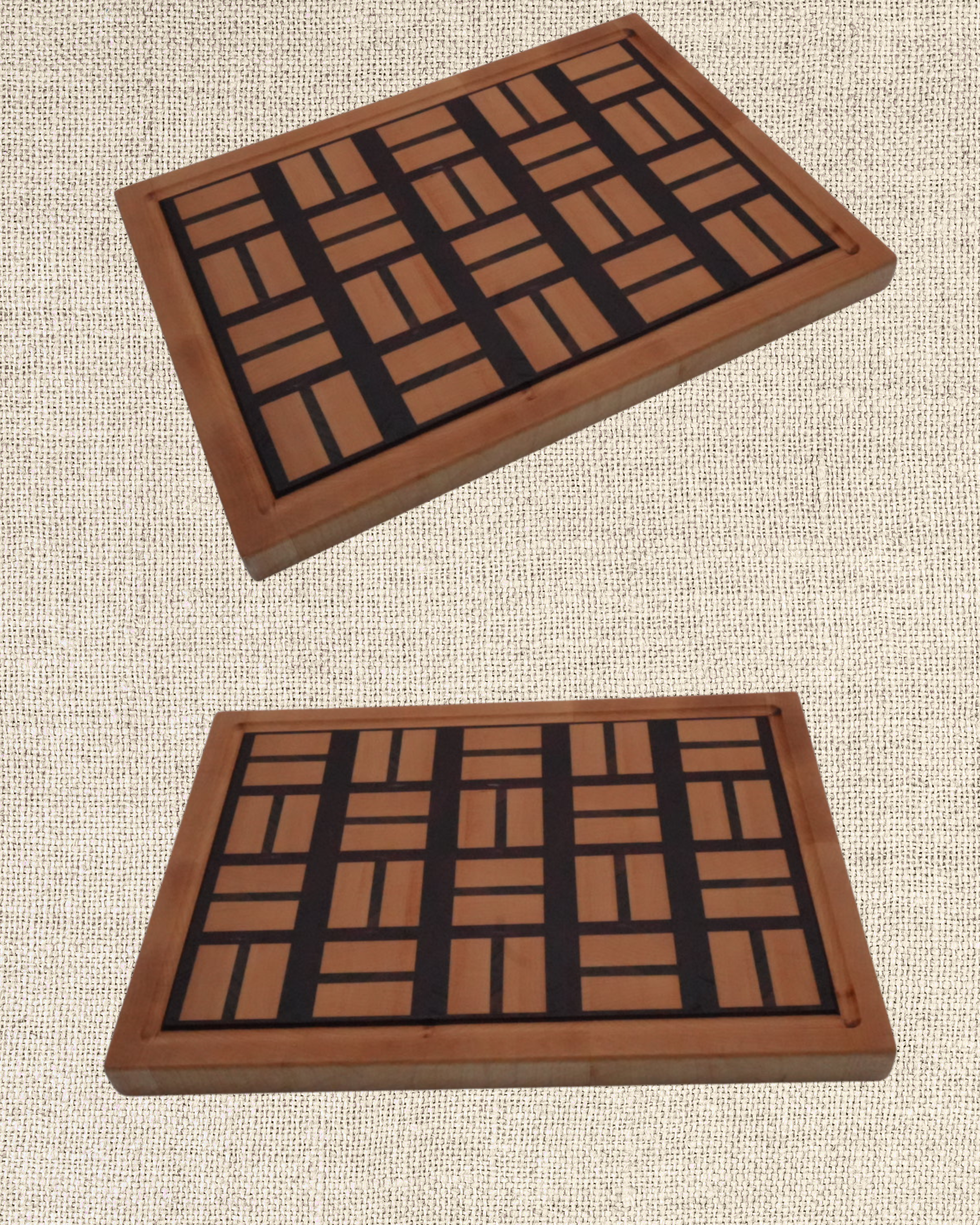 Wooden chopping board with geometric pattern.