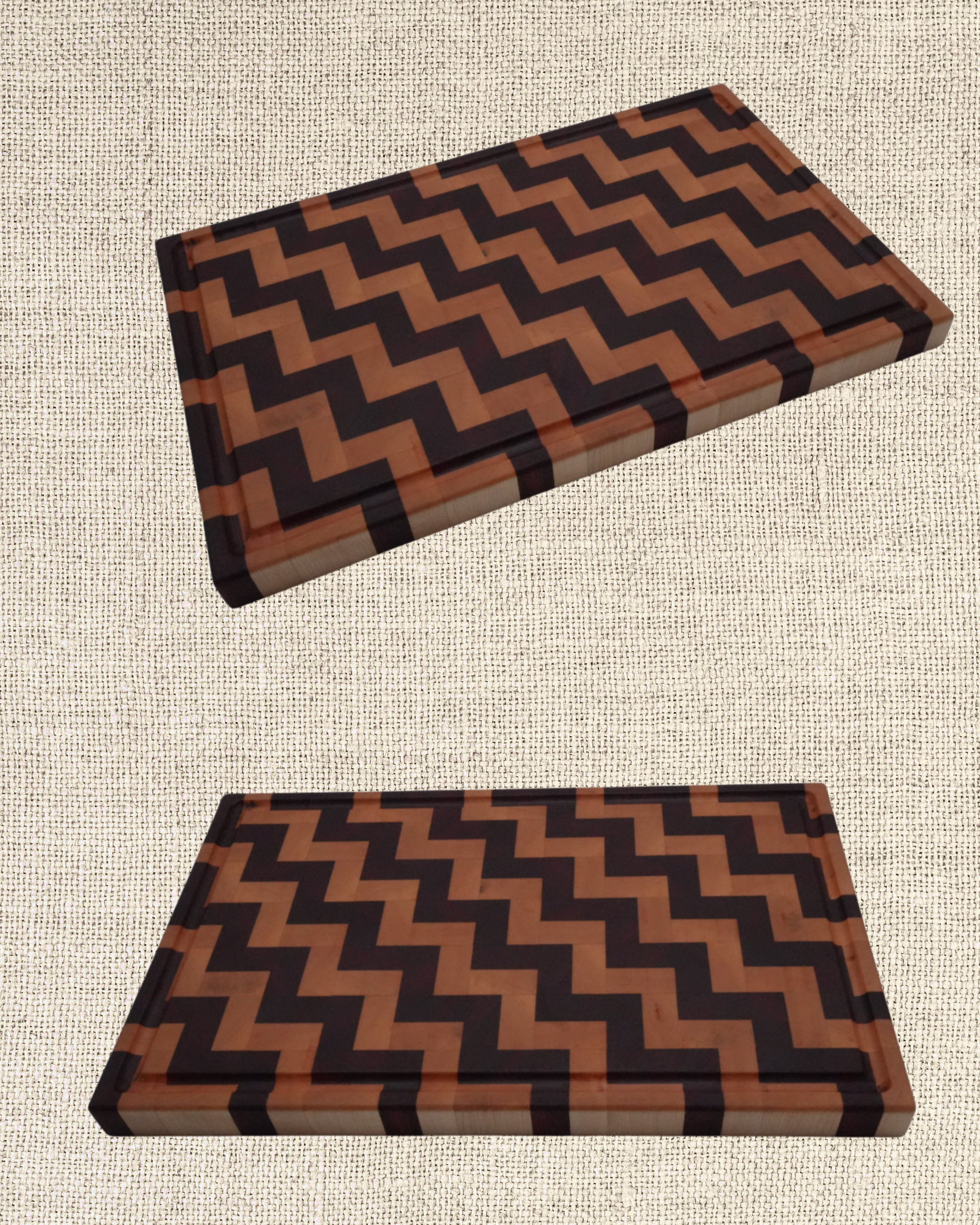 Two rectangular wooden boxes with a black and brown zigzag pattern, placed on a beige textured surface.
