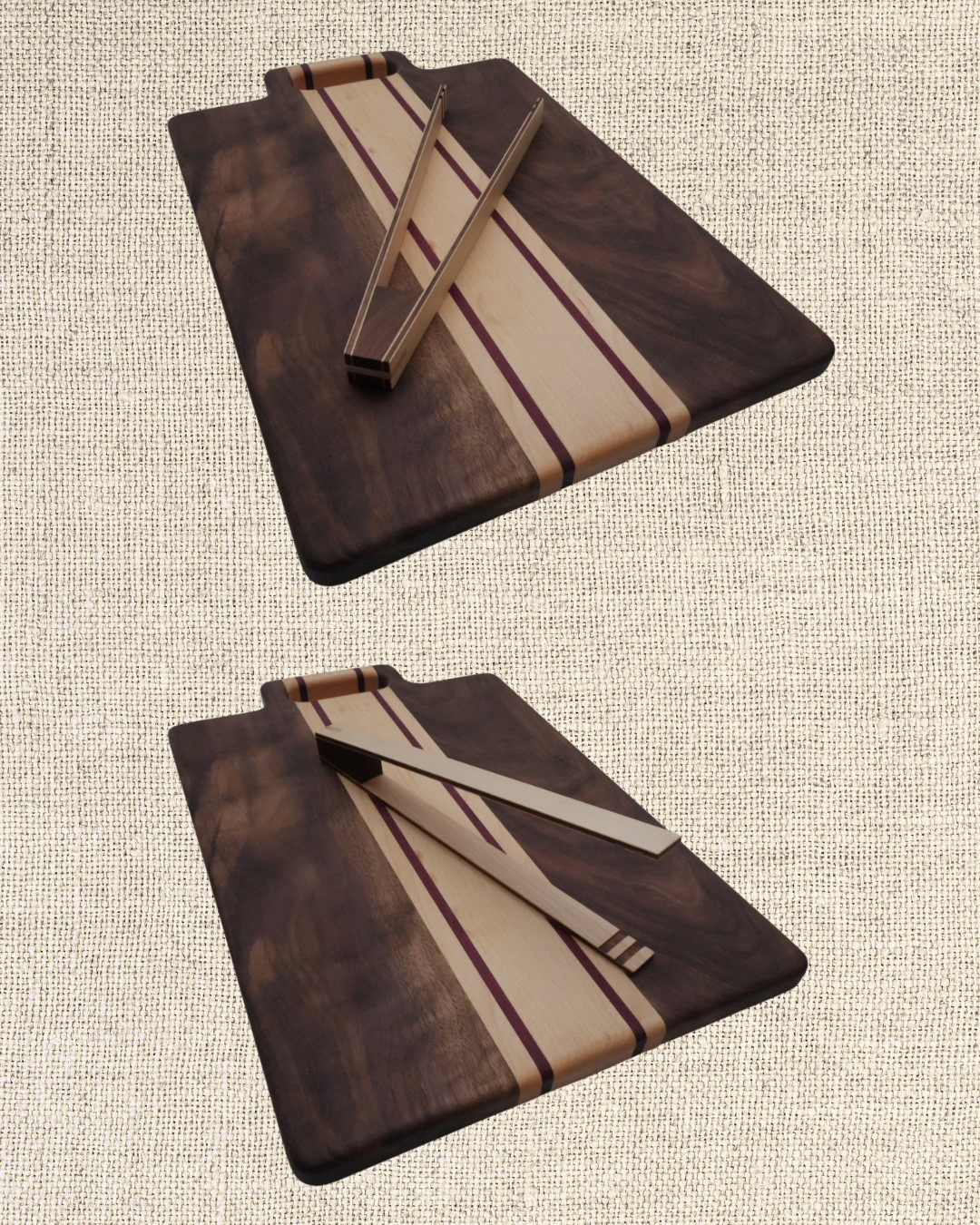 A wooden cutting board with a dark wood finish featuring decorative inlay of lighter wood with brown stripes, accompanied by a pair of matching tongs.