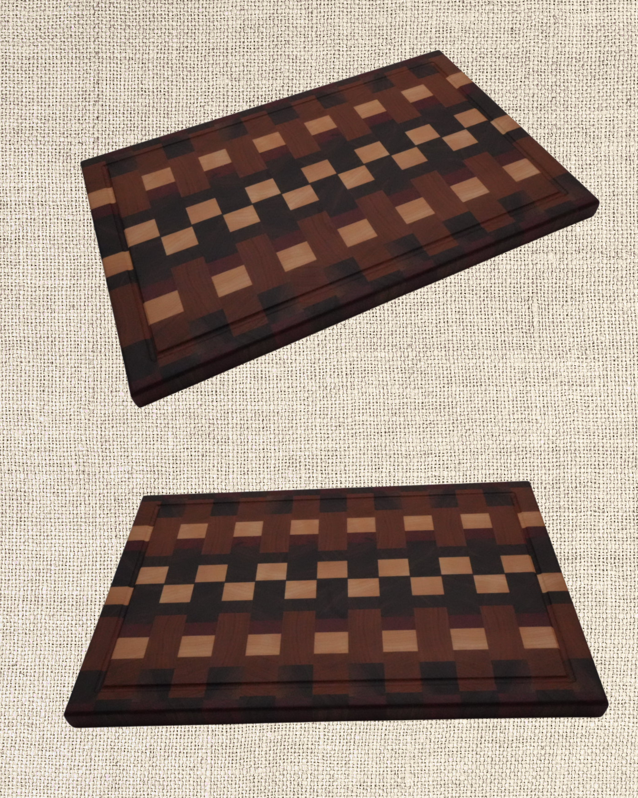 Two rectangular wooden boxes with intricate geometric patterns on their lids, placed on a beige fabric surface.
