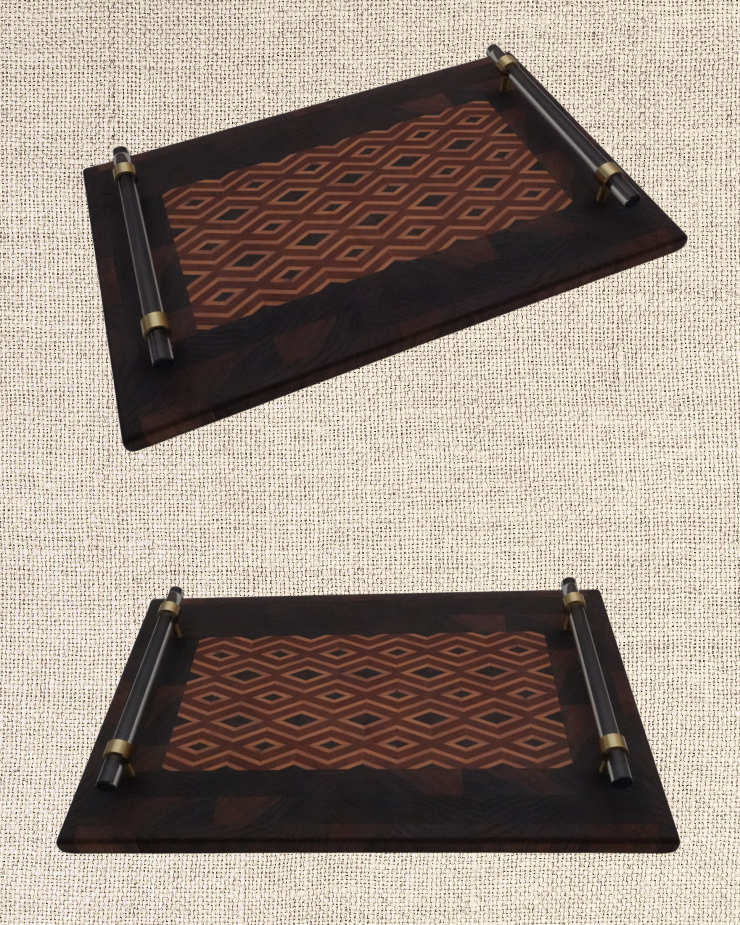 Decorative wooden tray with geometric patterns and metal handles placed on a textured beige surface.