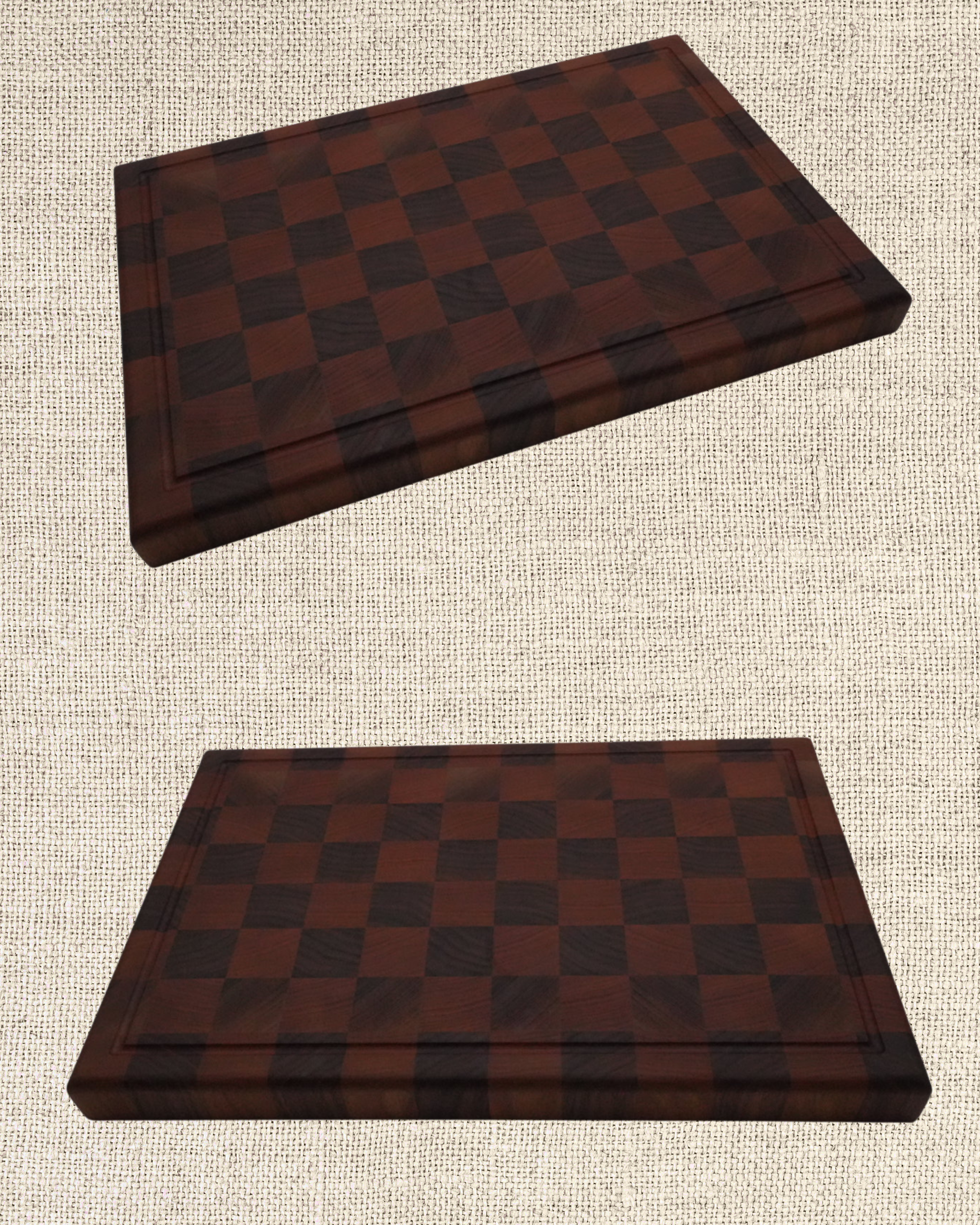 Two wooden chessboards with a checkered pattern, placed on a textured beige surface.