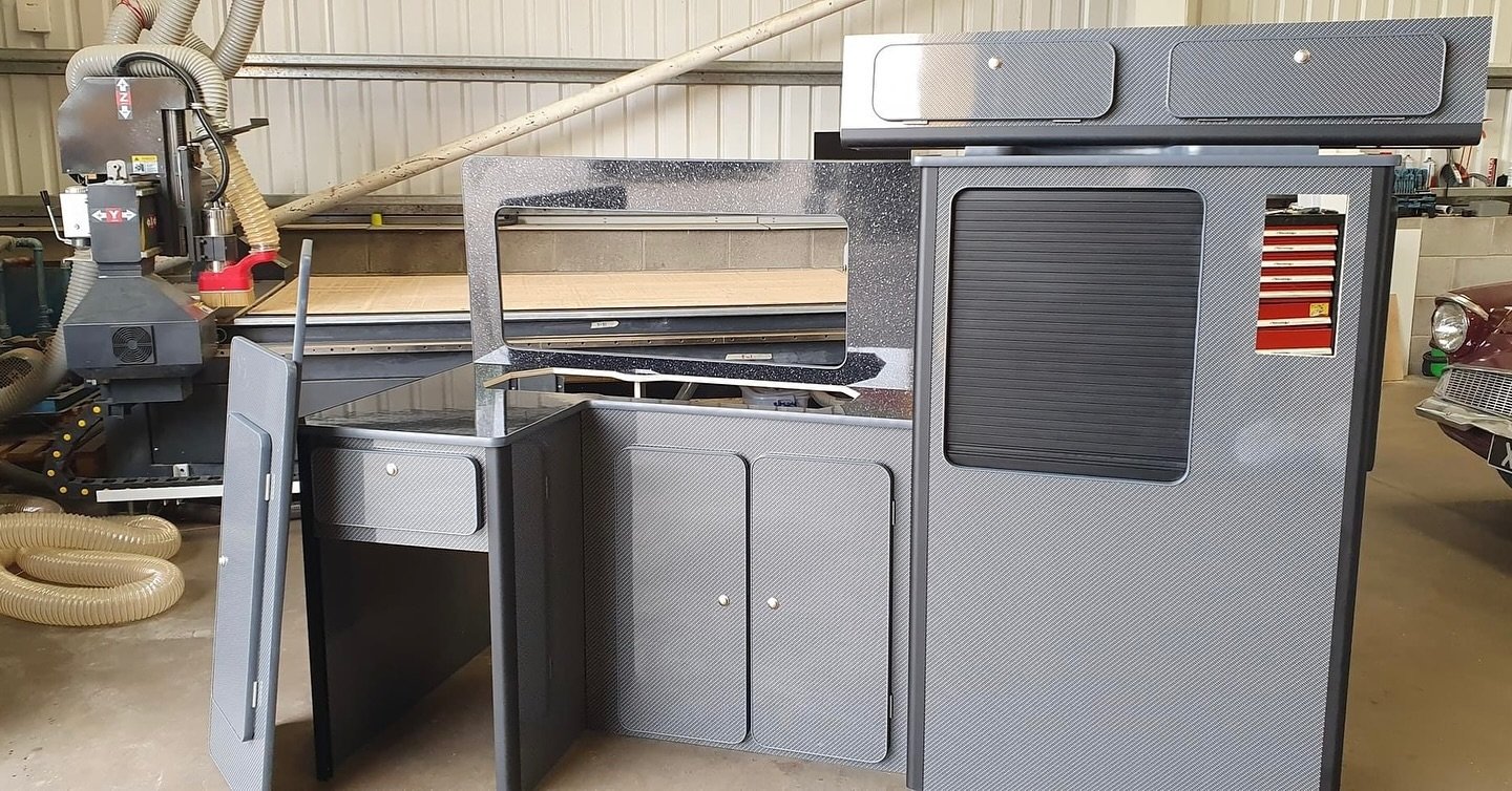 All of our pods are CNC machined in house using lightweight ply board

All pods include units, worktops, top lockers, bed boards, splashback and table✨

We can do SWB, LWB or individual parts! 

Get in touch today, drop us a message, call us on 07925