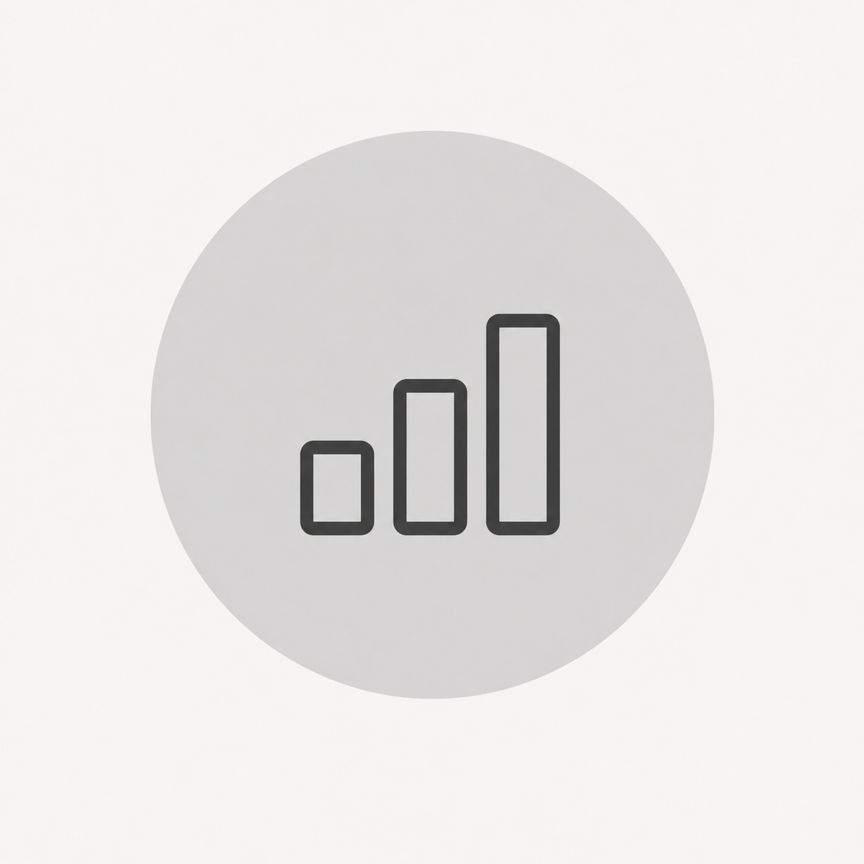 A minimalistic icon of a bar chart with three ascending bars in black on a circular light gray background.