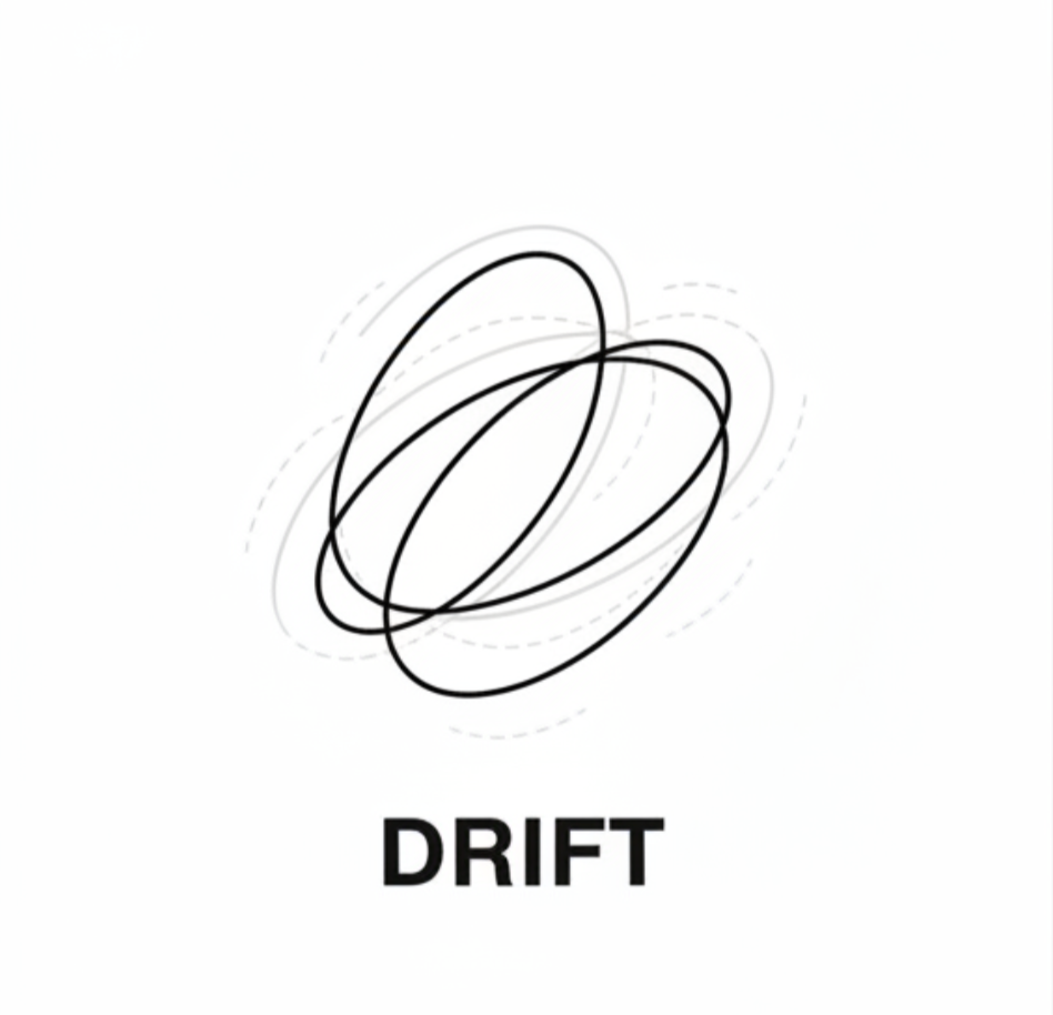 Abstract black line drawing resembling a drifting object, with the word 'DRIFT' below.