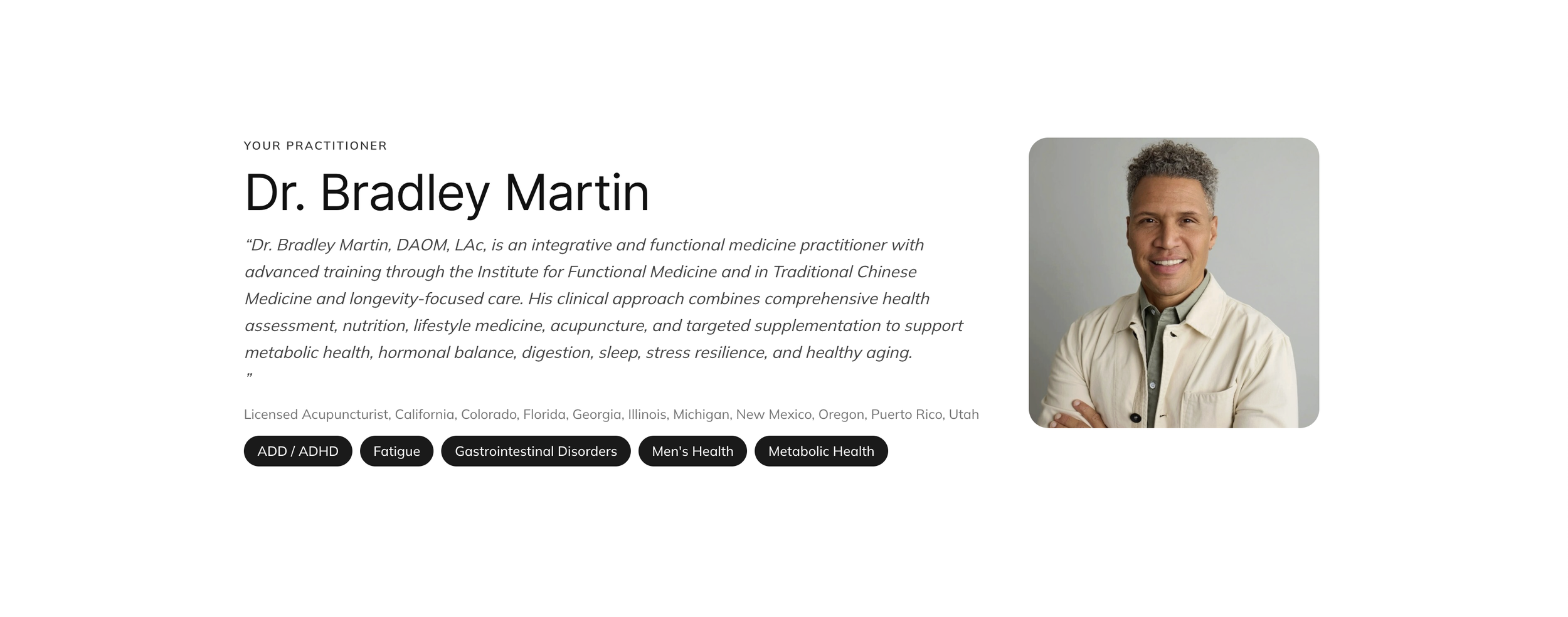 Professional profile of Dr. Bradley Martin, showing a headshot of a smiling man with curly gray hair wearing a beige jacket and light gray shirt, alongside a biography and black buttons for health topics.