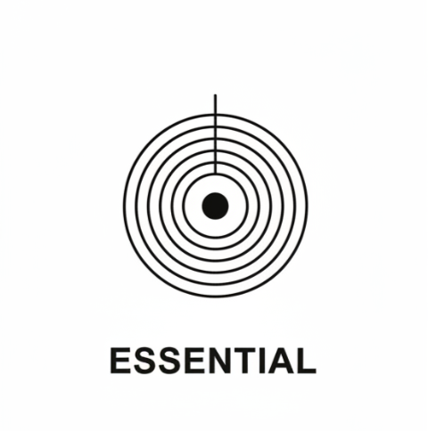 Target with concentric circles and an arrow pointing at the bullseye, with the word 'ESSENTIAL' below.