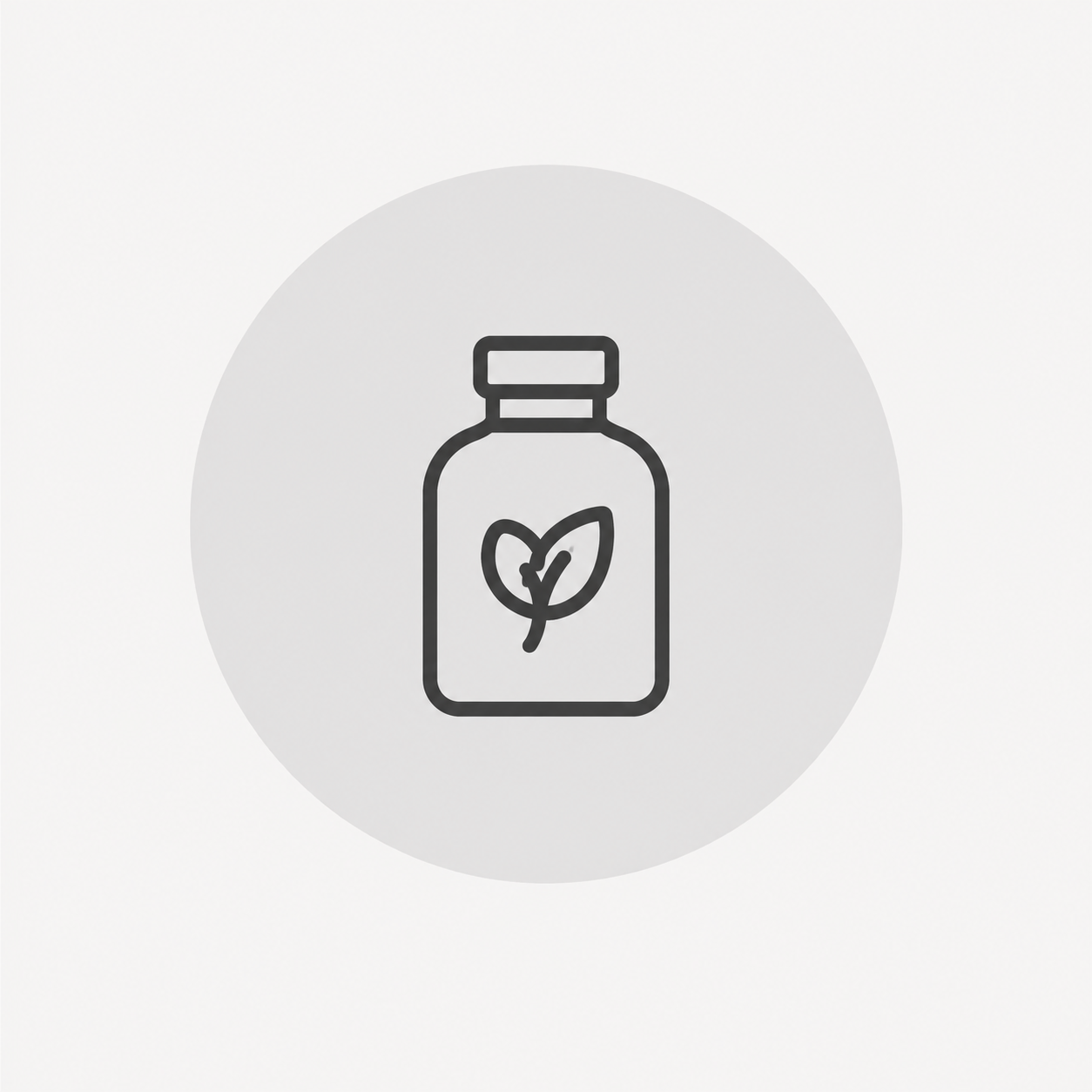 Line drawing of a supplement bottle with a leaf icon on the label.