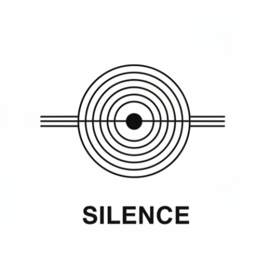 Black target with concentric circles and three horizontal lines on each side, with the word 'Silence' written below.