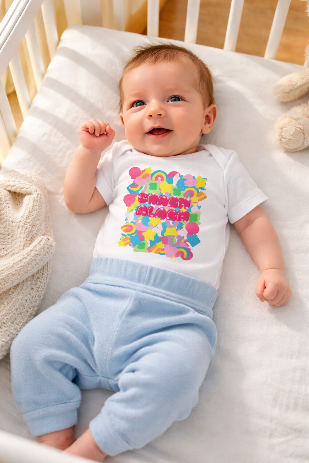 Charm Alarm Baby Outfit – Retro Rainbow Graphic, Soft Cotton Infant Clothing