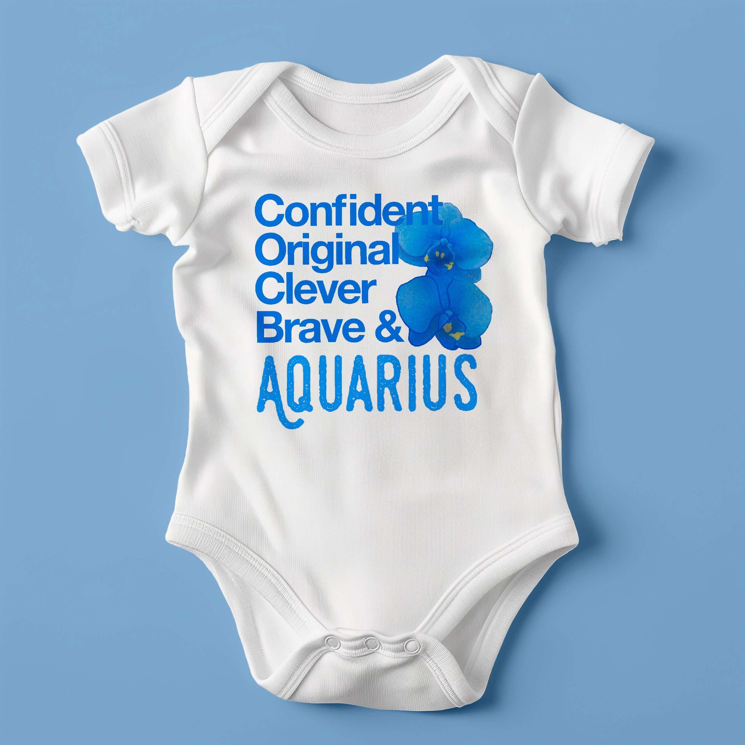 Aquarius Baby One Piece Bodysuit – Confident, Original, Clever, Brave – Electric Blue Orchid Design