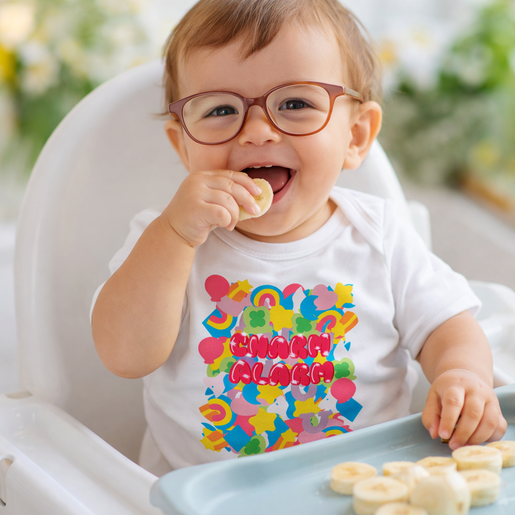 Charm Alarm Baby Outfit – Retro Rainbow Graphic Infant Clothing, Soft Cotton Newborn Outfit