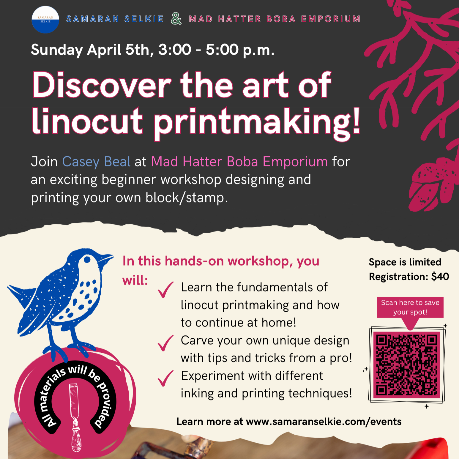 Linocut Printmaking Workshop at Mad Hatter Boba Emporium
