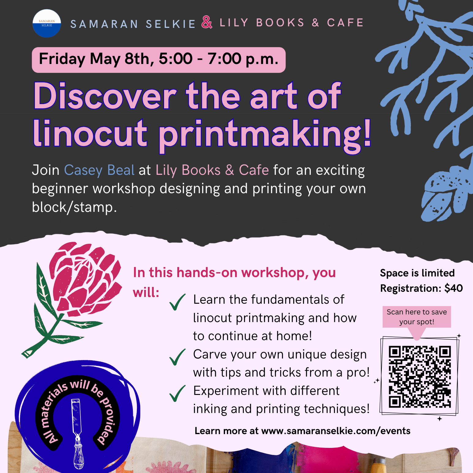 Beginning Linocut Printmaking Workshop at Lily Books & Cafe
