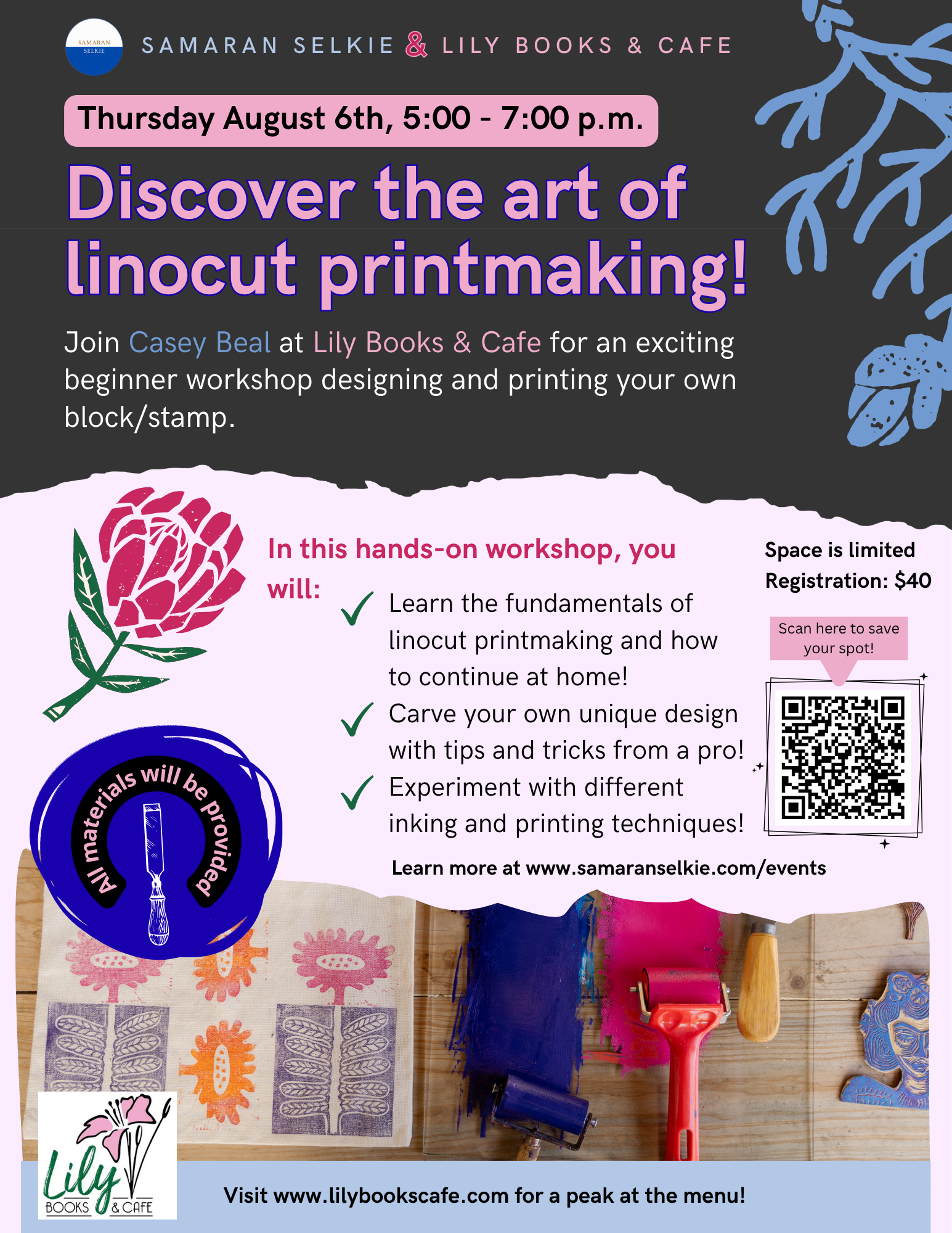 Linocut Printmaking Workshop at Lily Books & Cafe