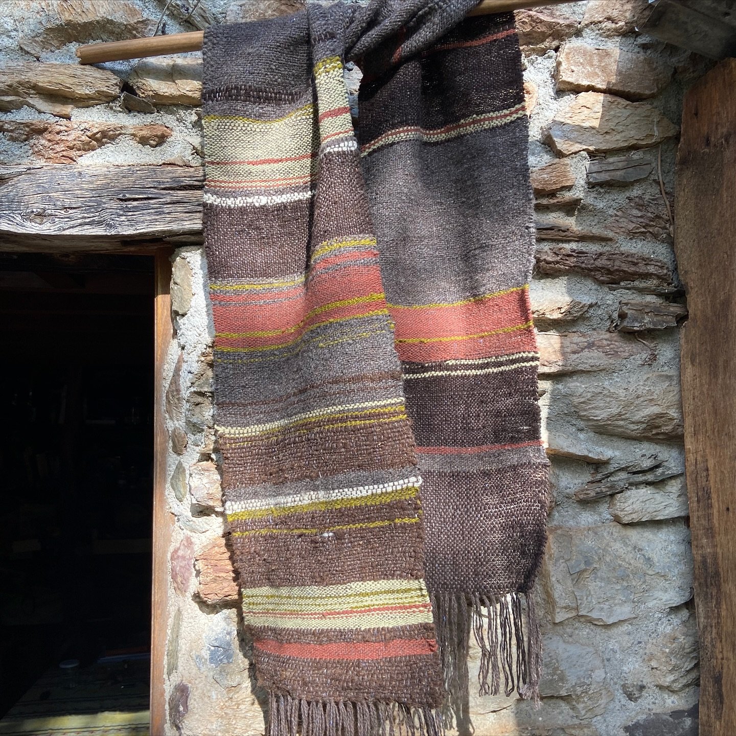 Fresh shawl /scarf rolled off the loom. Dyed with pear tree cuttings, madder root, indigo, marigold.
