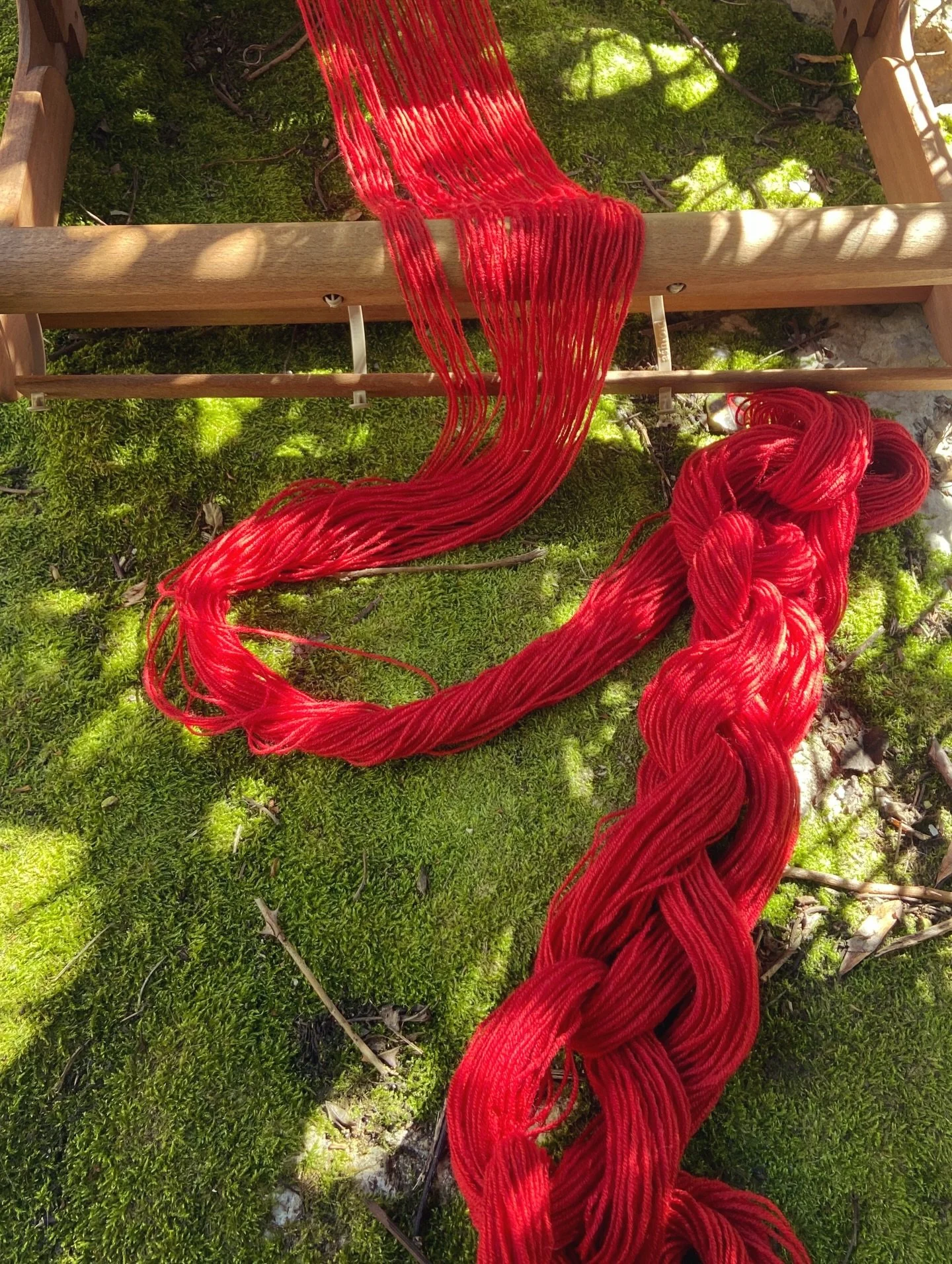 Spring equinox blessings, from me and my madder-stained threads. 
The sun was a gift today, as were the green rolling hills adorned with cowslip, bluebell forest sightings, and still- snow capped mountain tops. A seasonal shift calls for a new warp, 