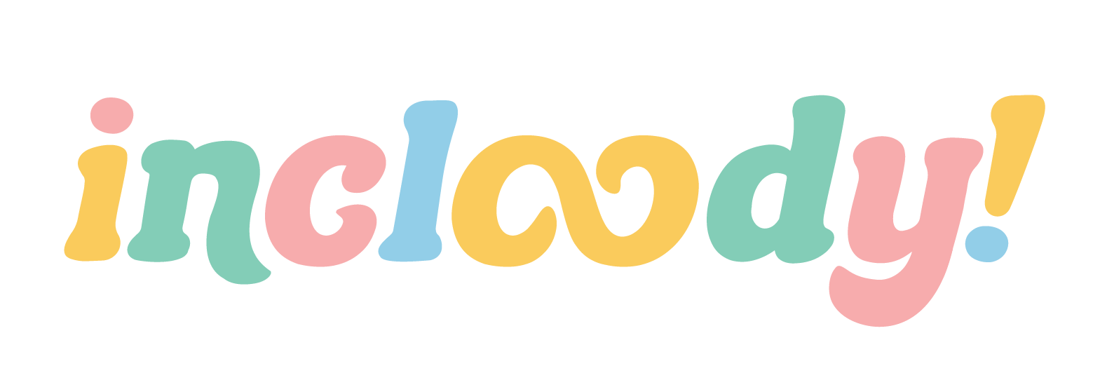 Colorful text spelling 'includy!' in pastel shades of pink, green, blue, and yellow.