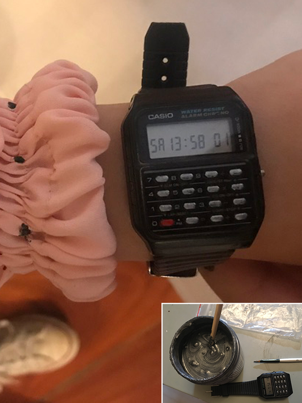  The watch I found had black buttons, which I painted silver so it would match. 